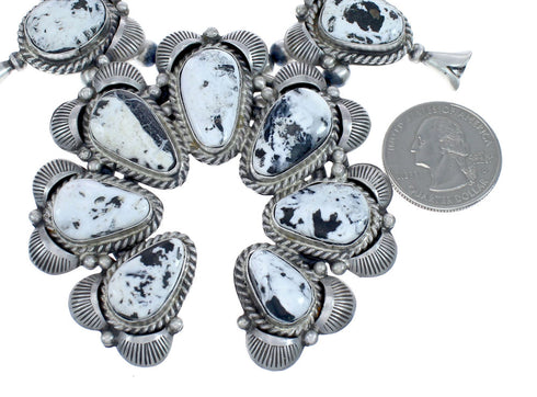 Navajo Genuine Sterling Silver White Buffalo Turquoise Squash Blossom Necklace Set JX127024